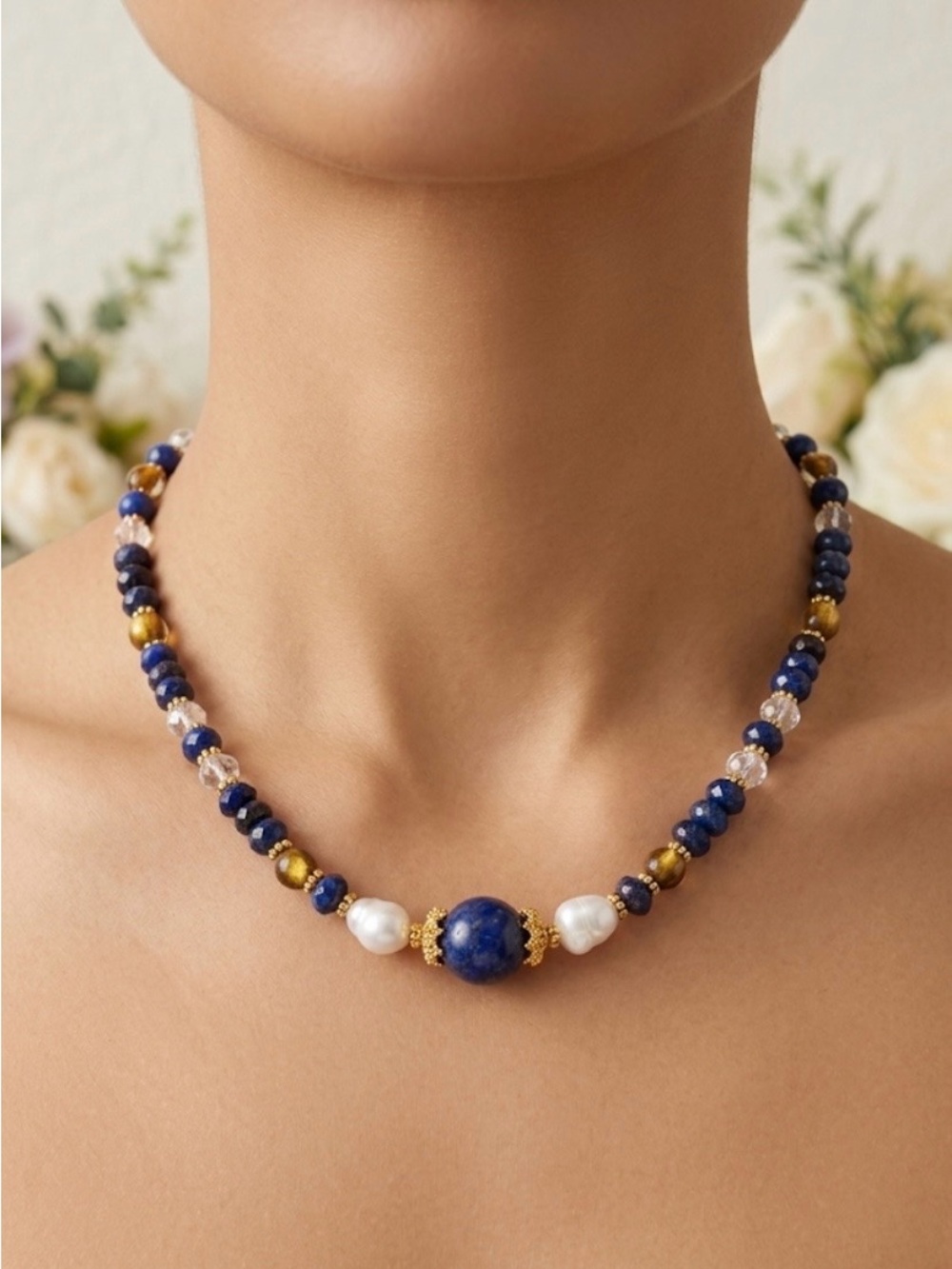 Handmade Lapis Lazuli, Baroque Pearl & Gold Murano Glass Necklace 19.5” NWT
